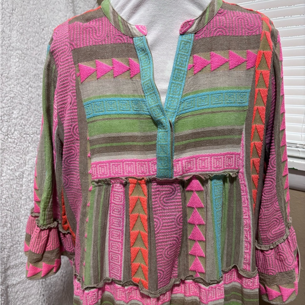 Boho Tiered Midi Dress in Pink and Green - Picture 2 of 7